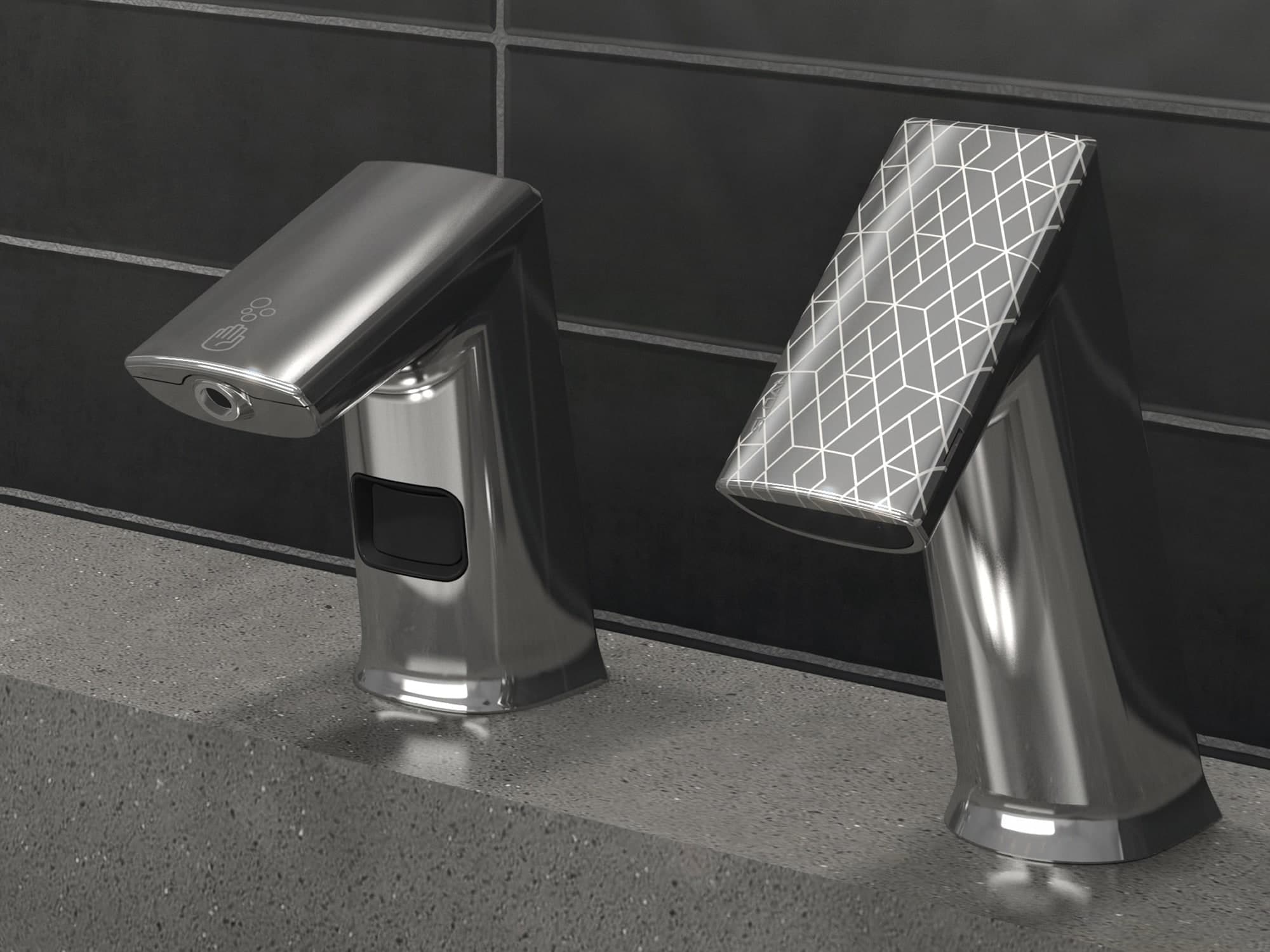Two modern chrome touchless bathroom faucets on a gray countertop; the left with a smooth angled spout, the right with an engraved geometric pattern on the spout.