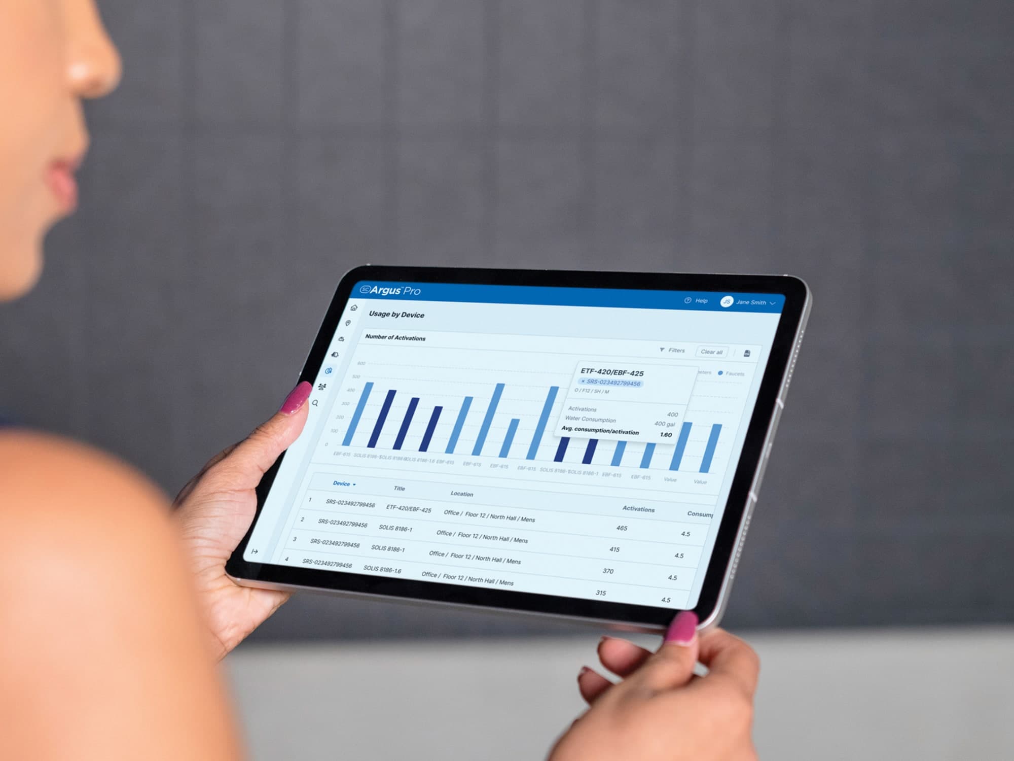 WOman looking at an iPad with SC Argus Pro software on the screen