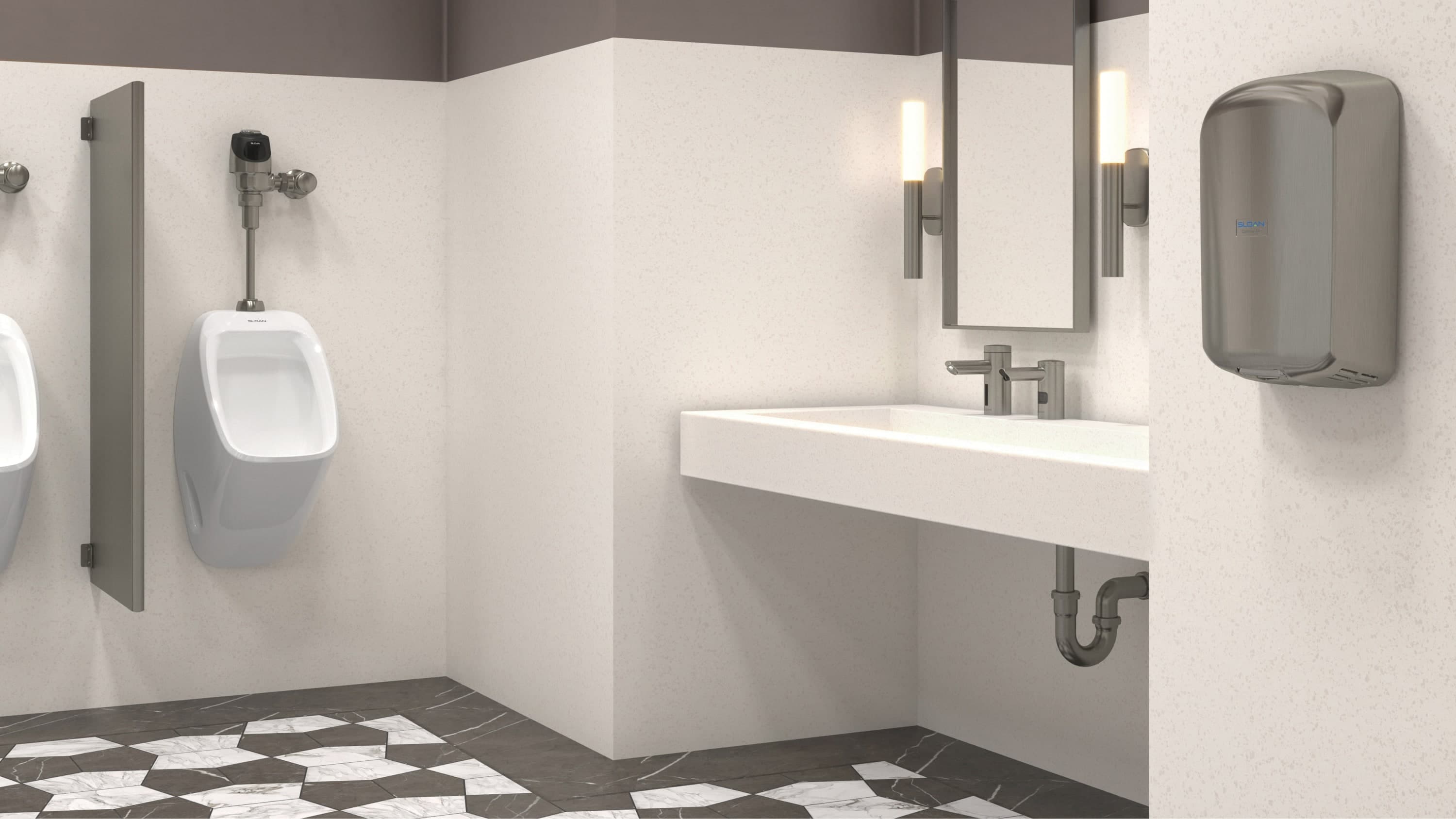 Commercial restroom with wall-mounted urinals, a white sink with brushed nickel touchless faucet, and a brushed nickel paper towel dispenser.