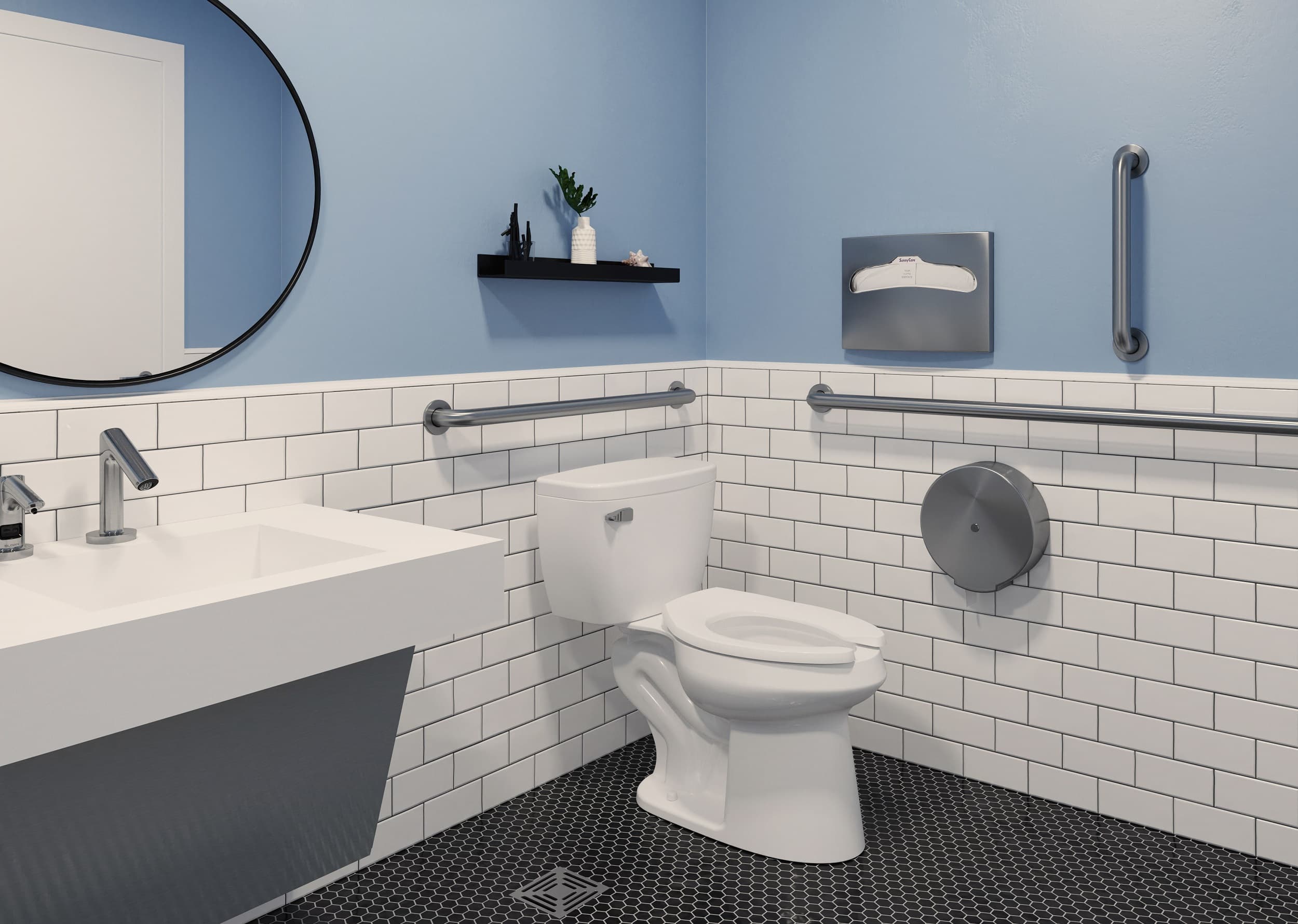 Nice single restroom with Sloan tank toilet fixtures and faucet and soap dispensers