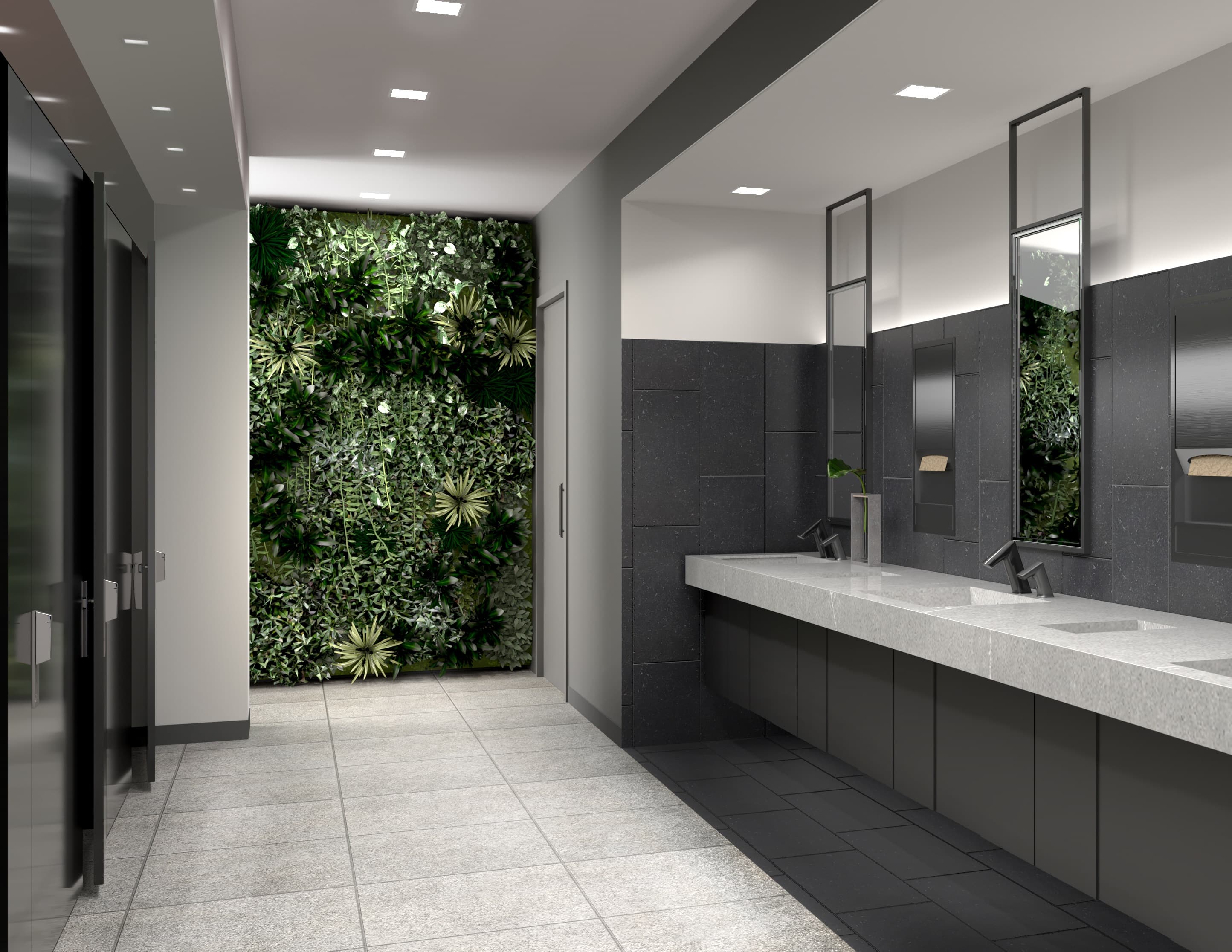 Biofilic restroom design with flora and fauna on walls