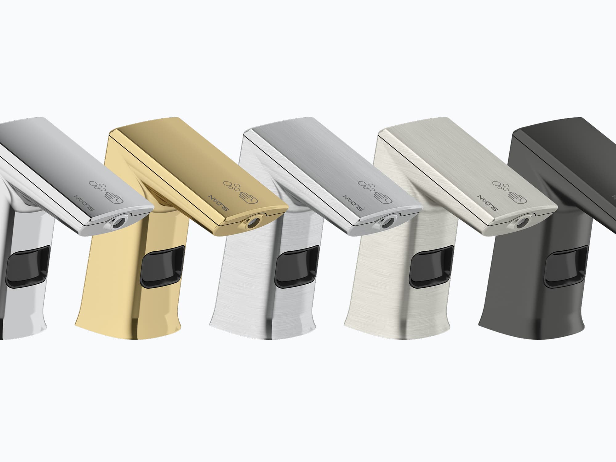 Sloan's 5 standard finishes polished chrome, polished brass, brushed stainless, brushed nickel, and graphite