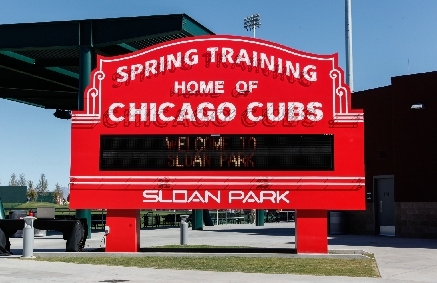 Sign which reads 'Spring Training: Home of Chicago Cubs. Welcome to Sloan Park'