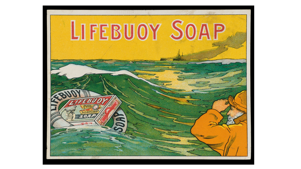 Lifebuoy 肥皂 —“使用 Lifebuoy 皇家消毒肥皂，让自己和他人远离传染和疾病”杂志广告。